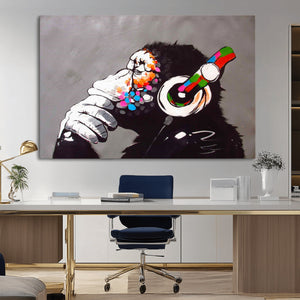 Dj Monkey Listening to Music Wall Art Print | Banksy Monkey