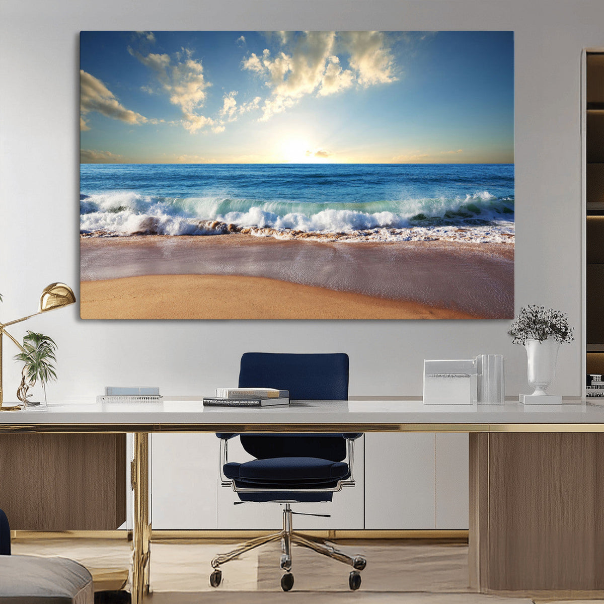 Serene Ocean Sunset Canvas Wall Art - Beach Waves at Sunset,