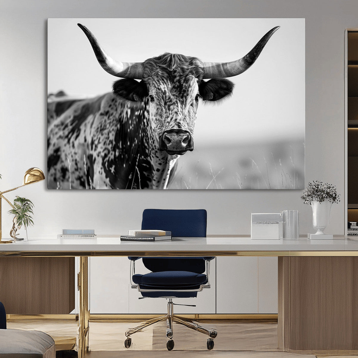 Texas Highland Cow Longhorn Canvas Print - Rustic Farmhouse