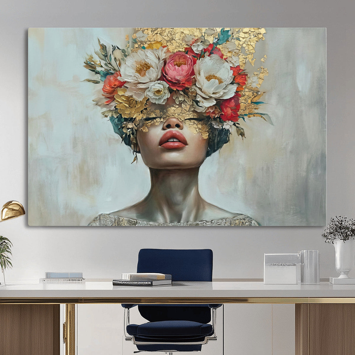 Golden Petal Wall Art Canvas Print - Silhouette Woman Wall