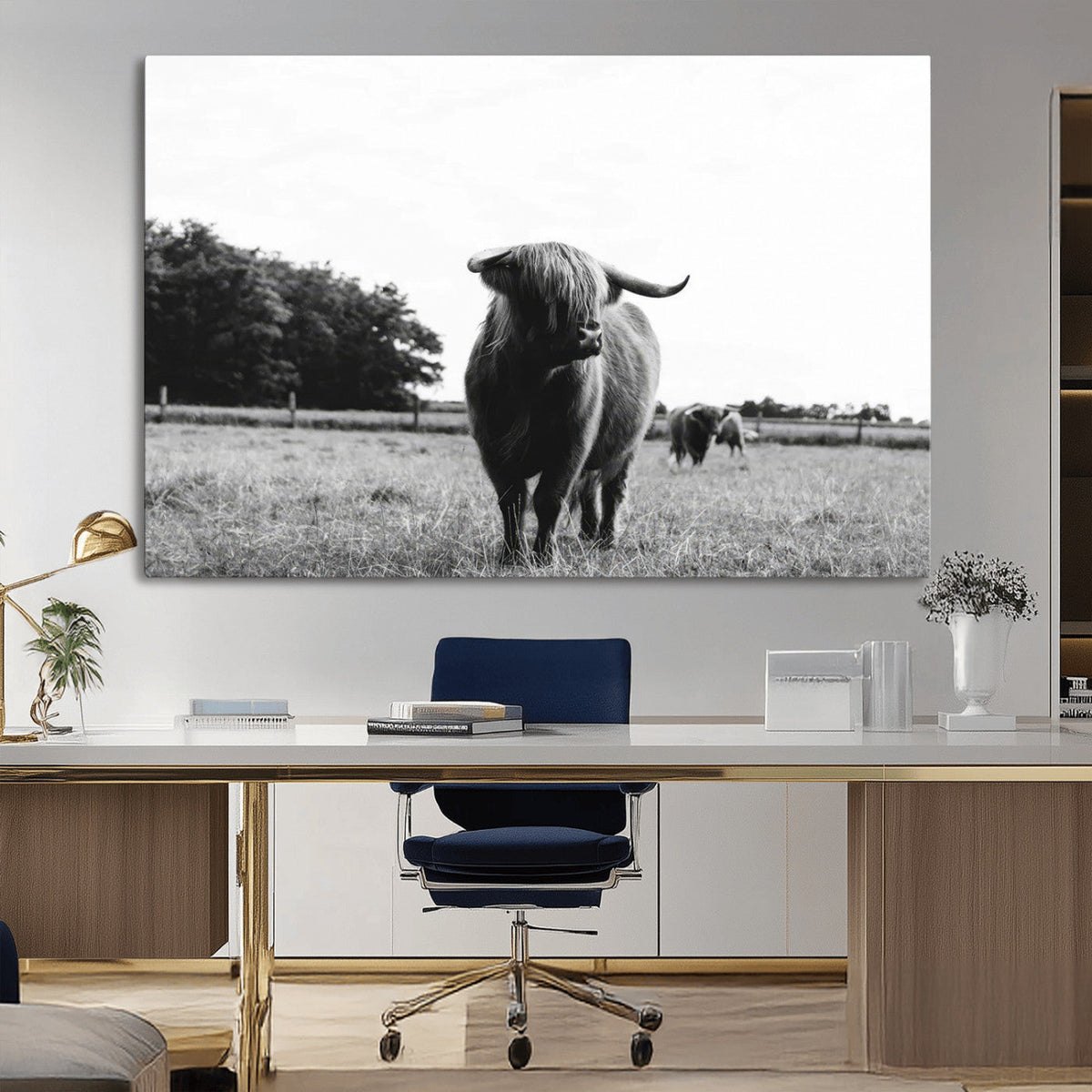 Black and White Highland Cow Wall Art Canvas Print | Rustic