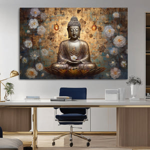 Golden Buddha Wall Art Canvas Print | Zen Meditation Floral