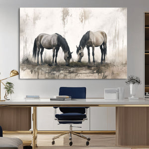 Chines Ink Style Vintage Horses Wall Art Canvas Print for