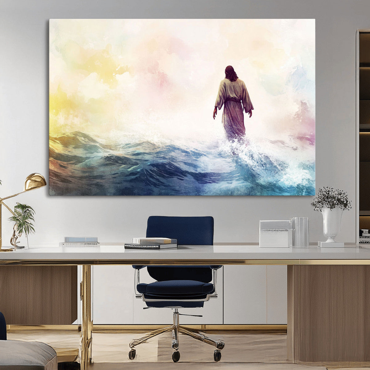 Watercolor Jesus Walking on Water Canvas Print, Christian