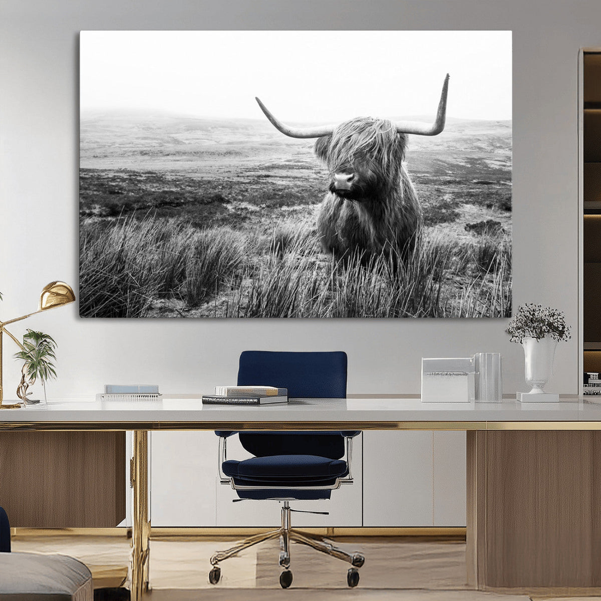 Scottish Highland Cow Wall Art | Black and White Canvas