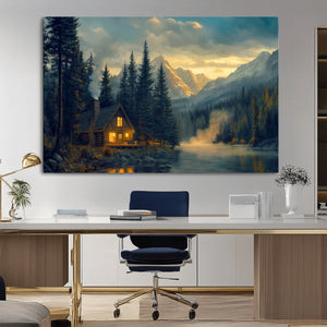 Mountain Cabin by the Lake at Sunset Wall Art - Serene