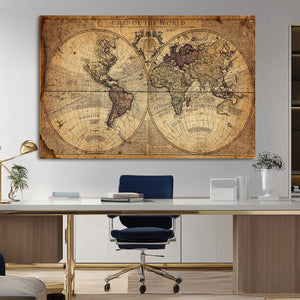 Vintage World Map Wall Art Canvas – Antique Style Push Pin