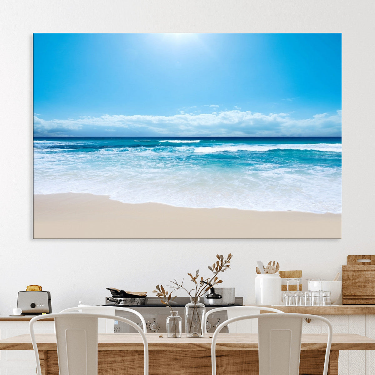 Wall Art Canvas Print Shiny Blue Sea and Beach