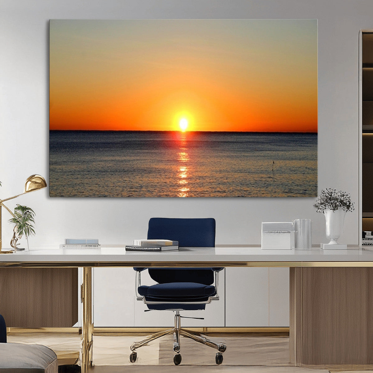 Golden Horizon Sunset Over Ocean Wall Art Canvas Print –