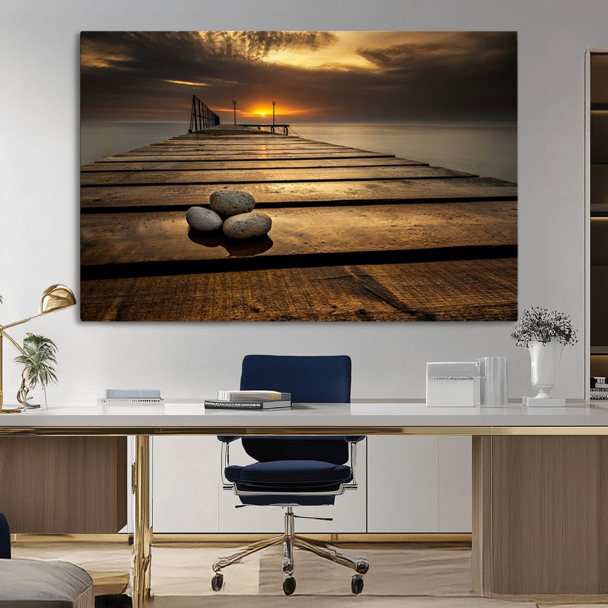 Stones on Wooden Pier at Sunset Canvas Print, Serene Coastal