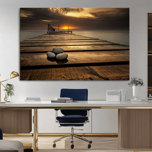 Stones on Wooden Pier at Sunset Canvas Print, Serene Coastal