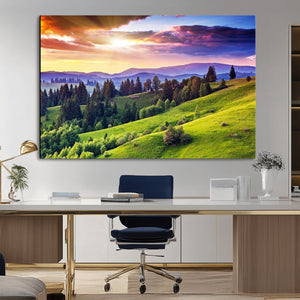 Green Hills and Sunset Wall Art Print - Scenic Landscape