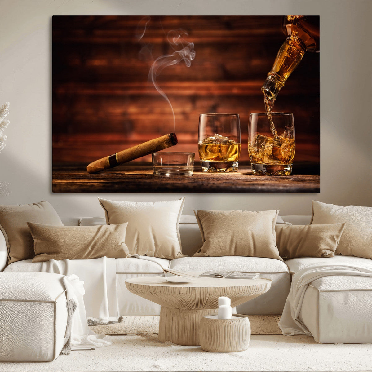 Whiskey and Cigar Wall Art Canvas | 3 Panel Bar Room Decor