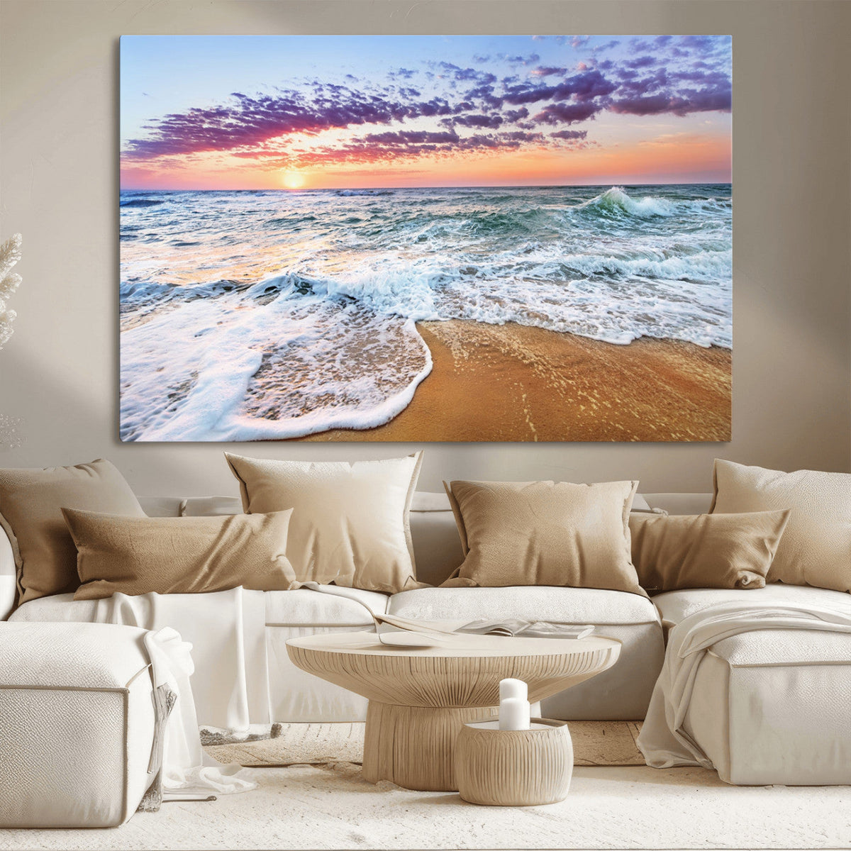 Coastal Sunset Art Beach Canvas Wall Art Print | Ocean Waves