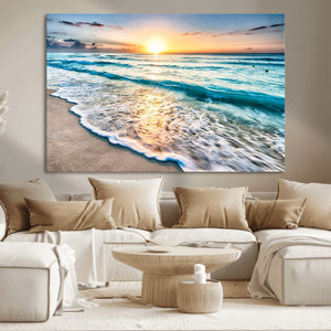 Sunset Beach Waves Canvas Wall Art – 5-Panel Ocean Sunset
