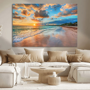 Sunset Ocean Waves on Tropical Beach, 3-Panel Giclee Canvas