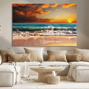 Golden Sunset Beach Canvas Wall Art – Triptych Seascape