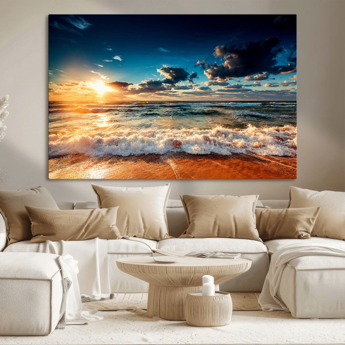 Golden Hour Sunset Over Ocean Waves Wall Art Canvas Print |