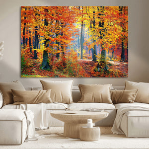 Autumn Red Forest Triptych Canvas Wall Art Print, Forest