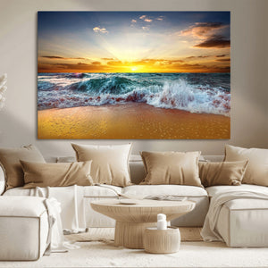 Golden Sunset Ocean Waves Wall Art Canvas Print – Multi