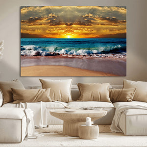 Ocean Sunrise Over Golden Beach Waves, Giclee Canvas Wall