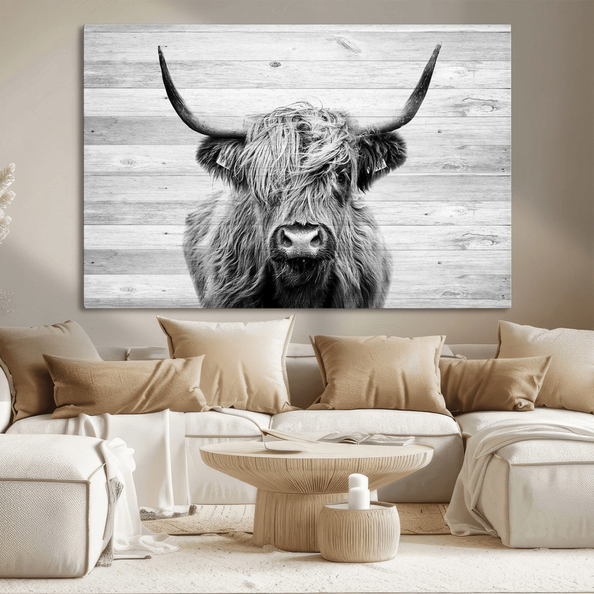 Scottish Highland Cow Cattle Art Print on Wood Background