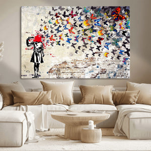 Banksy Art Butterfly Girl Explosion Canvas Art – Vibrant