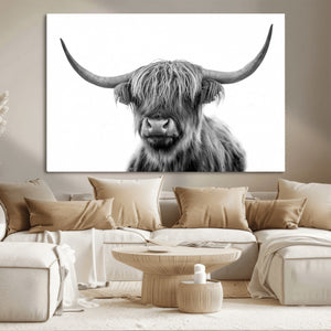 Grayscale Scottish Highland Cow Cattle Art Print Farmhouse