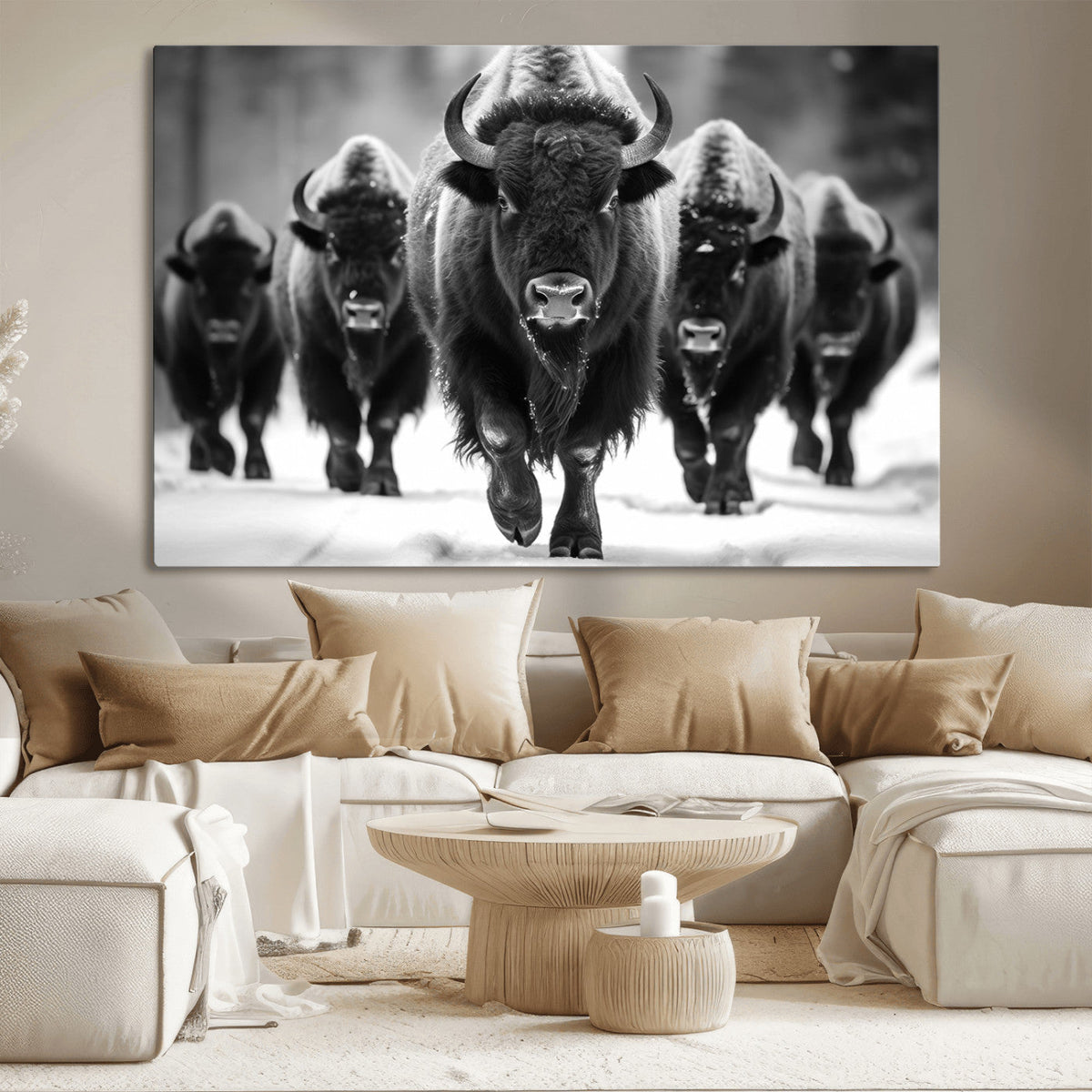American Bison Art | Buffalo Herd Wall Art Canvas Print, BW