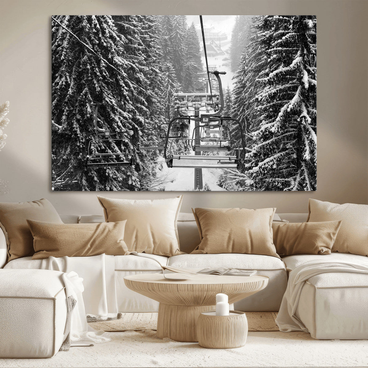 Winter Ski Lift Black and White Canvas Wall Art – Alpine