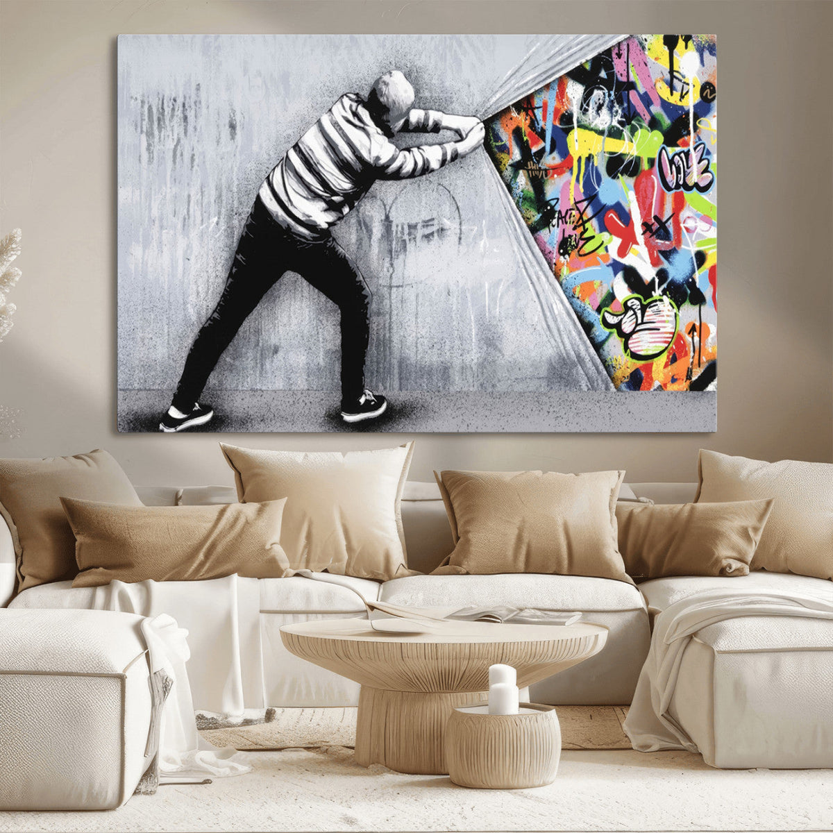 Banksy Art Behind the Curtain Street Wall Art Canvas Print |
