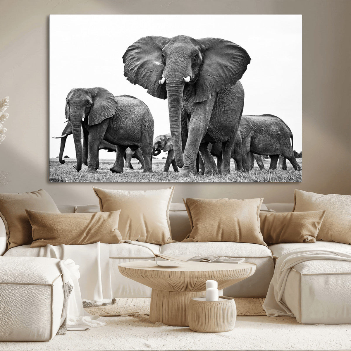 Black White Elephant Family Wall Art Canvas Print