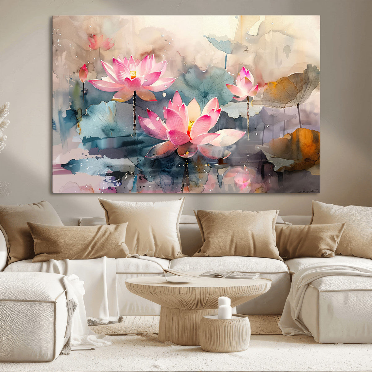 Lotus Flower Wall Art | 3-Panel Giclee Canvas Print of Pink