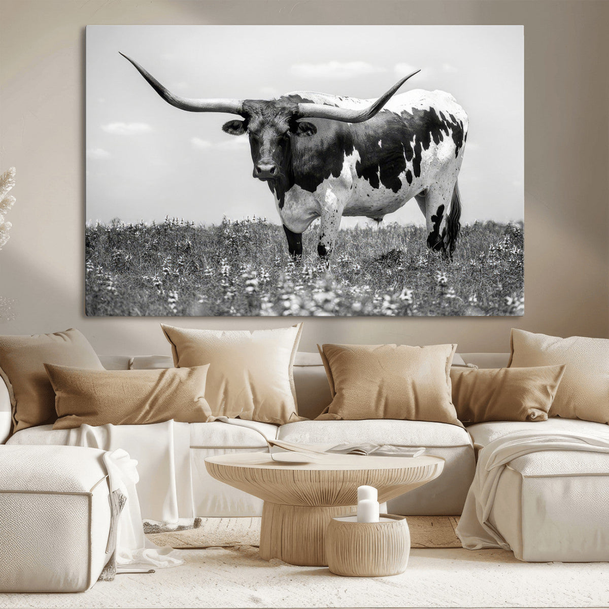 Texas Black White Highland Longhorn Cow Wall Art Canvas