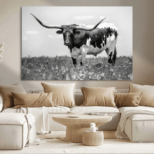 Texas Black White Highland Longhorn Cow Wall Art Canvas