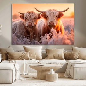 Highland Cows at Sunrise Wall Art Canvas Set – Serene and