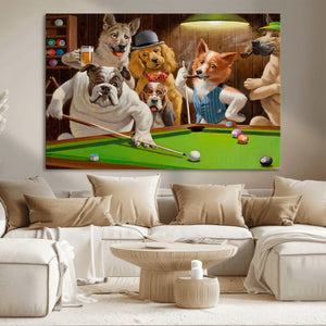 Dogs Playing Pool Canvas Wall Art Funny Gifts Dog Print