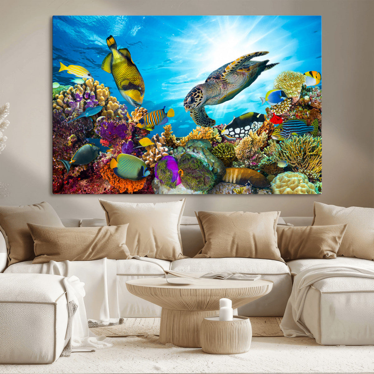 Colorful Coral Reef and Sea Life Turtle Canvas Print,
