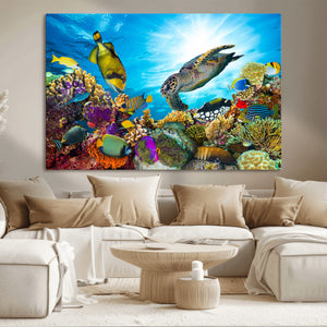 Colorful Coral Reef and Sea Life Turtle Canvas Print,
