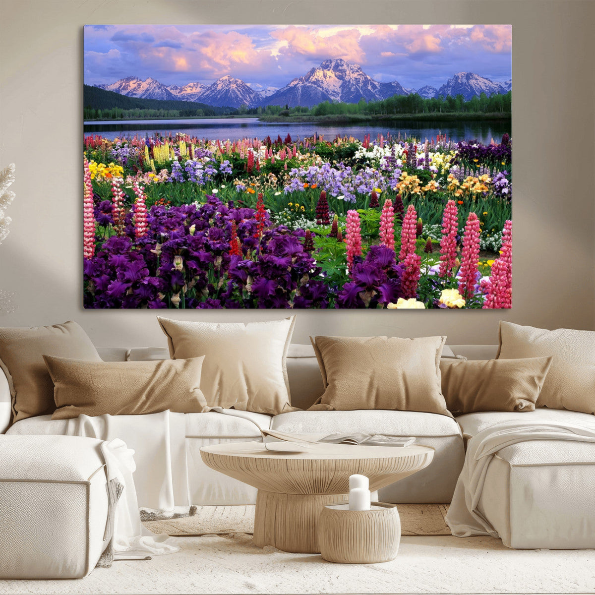 Vibrant Wildflower Garden and Mountain View Giclee Canvas