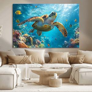 Sea Turtle Underwater Canvas Wall Art Print - Vibrant Ocean