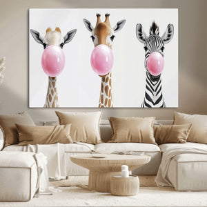 Bubblegum Animals Canvas Wall Art - Playful Giraffe and