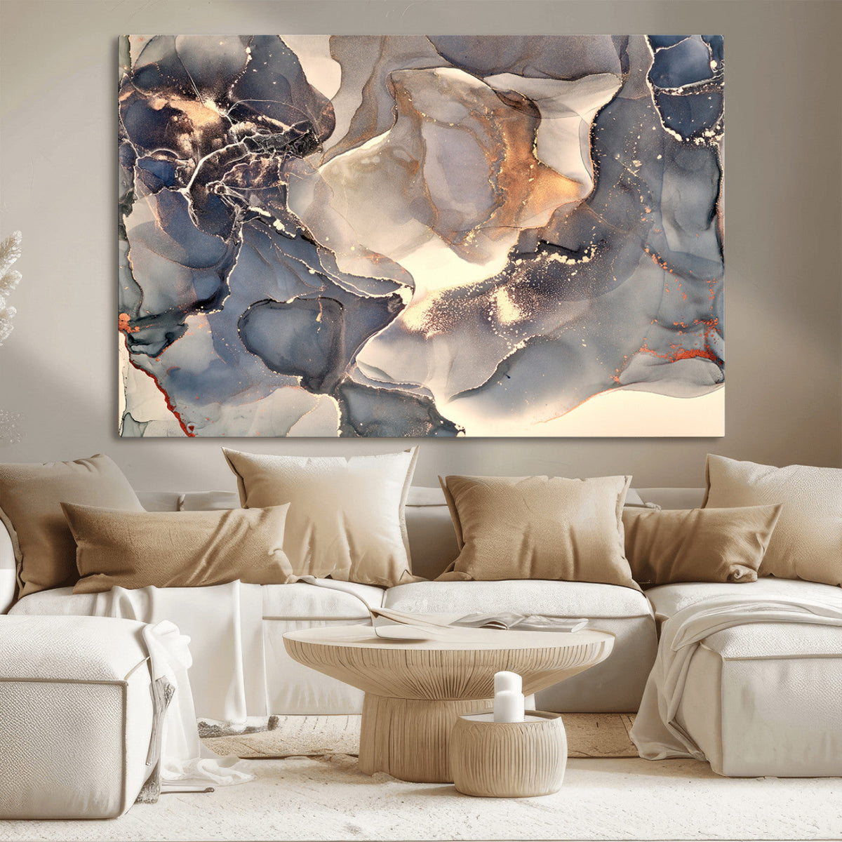 Abstract Blue and Gold Wall Art - Fluid Ink Artwork - Modern