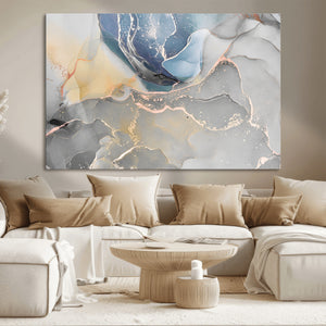 Large Abstract Blue and Gold Canvas Wall Art | Fluid Ink