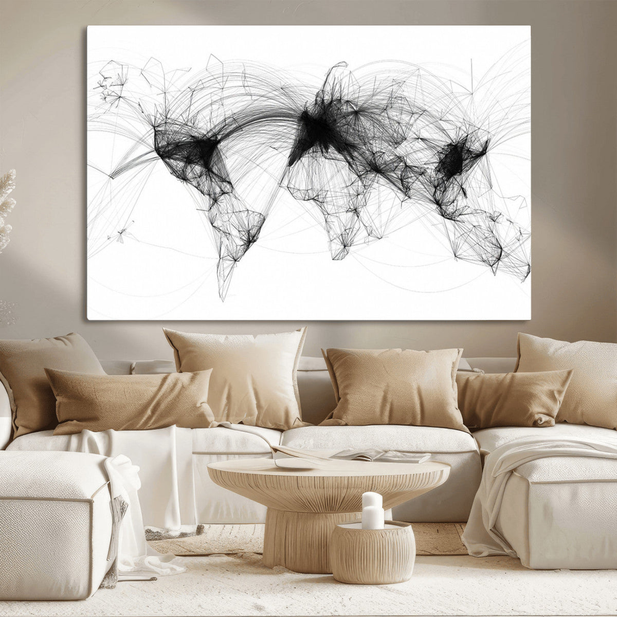 Abstract World Map Wall Art – Framed Geometric Line Canvas