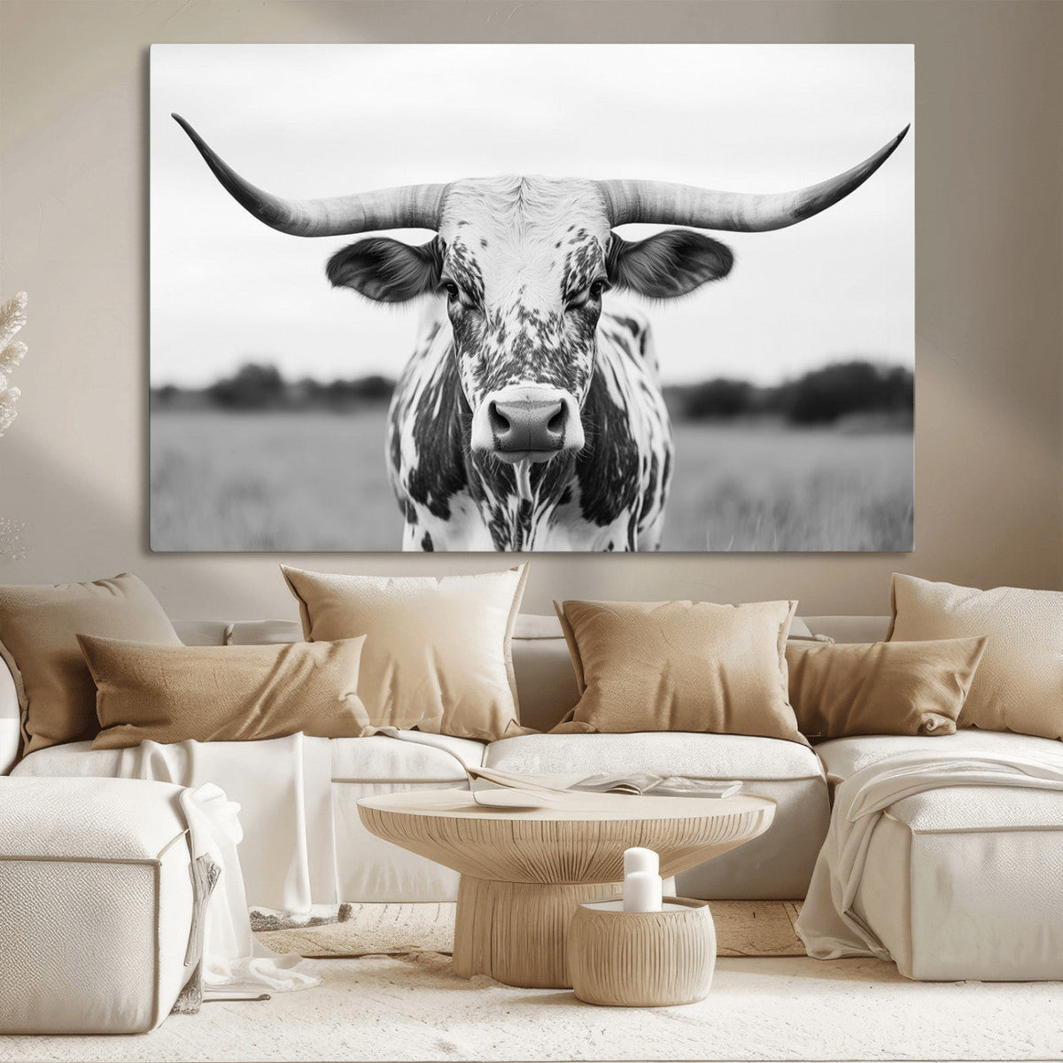 Highland Cow Wall Art Canvas Print – Black and White Western