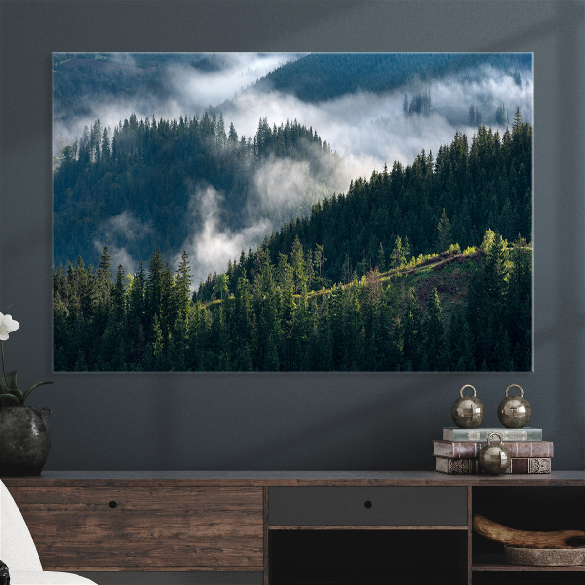 Misty Forest Wall Art Canvas Print – Pine Hills Foggy Trees