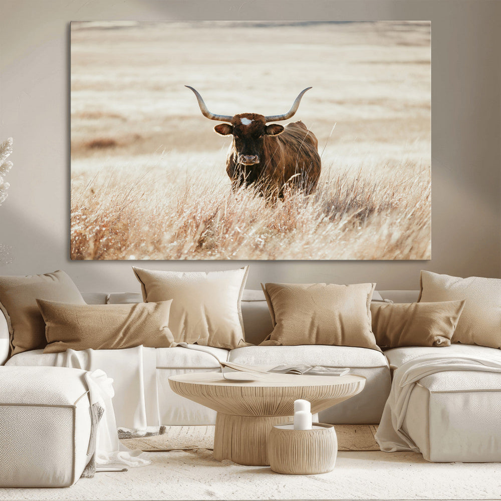 Texas Longhorn Wall Art Canvas Print – Framed Brown Horned