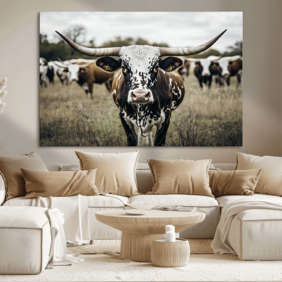 Texas Longhorn Wall Art – Framed Speckled Cow Canvas