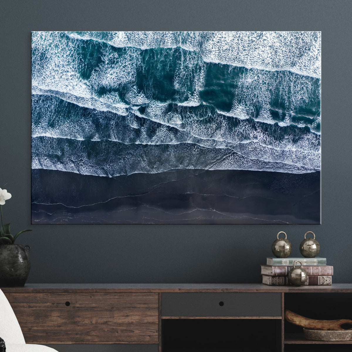 Black Beach Wall Art Canvas Print – Framed Aerial Ocean View